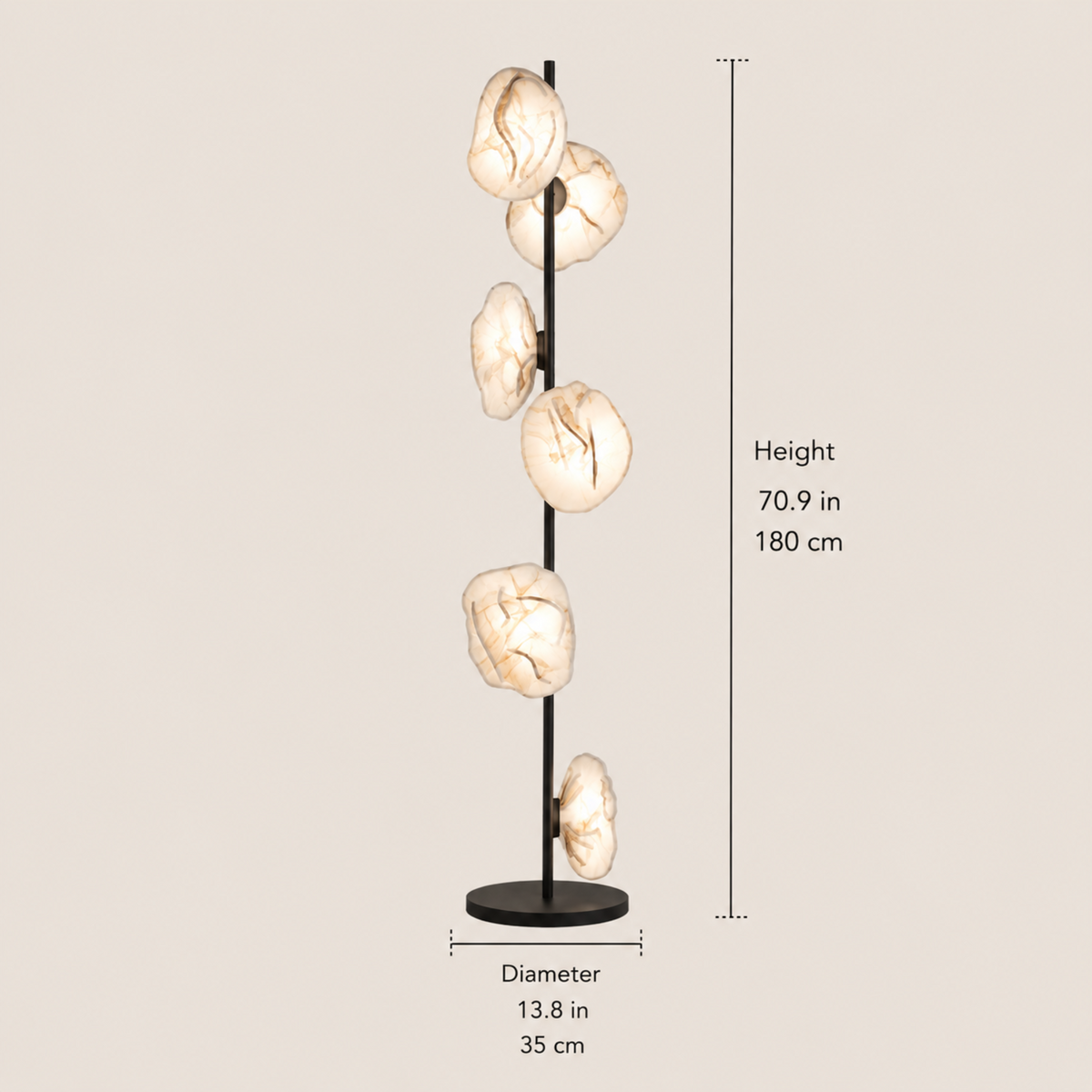 Skulpturale Stehleuchte mit Glasschirmen, Metallgestell, modernes Wohnzimmer, Schlafzimmer, stimmungsvolle Beleuchtung, Design | Sansoti