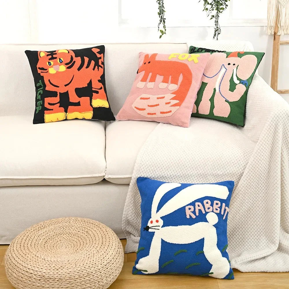 Housse de Coussin Broderie Animaux Scandinave 45x45 Polyester Coton | Restfield