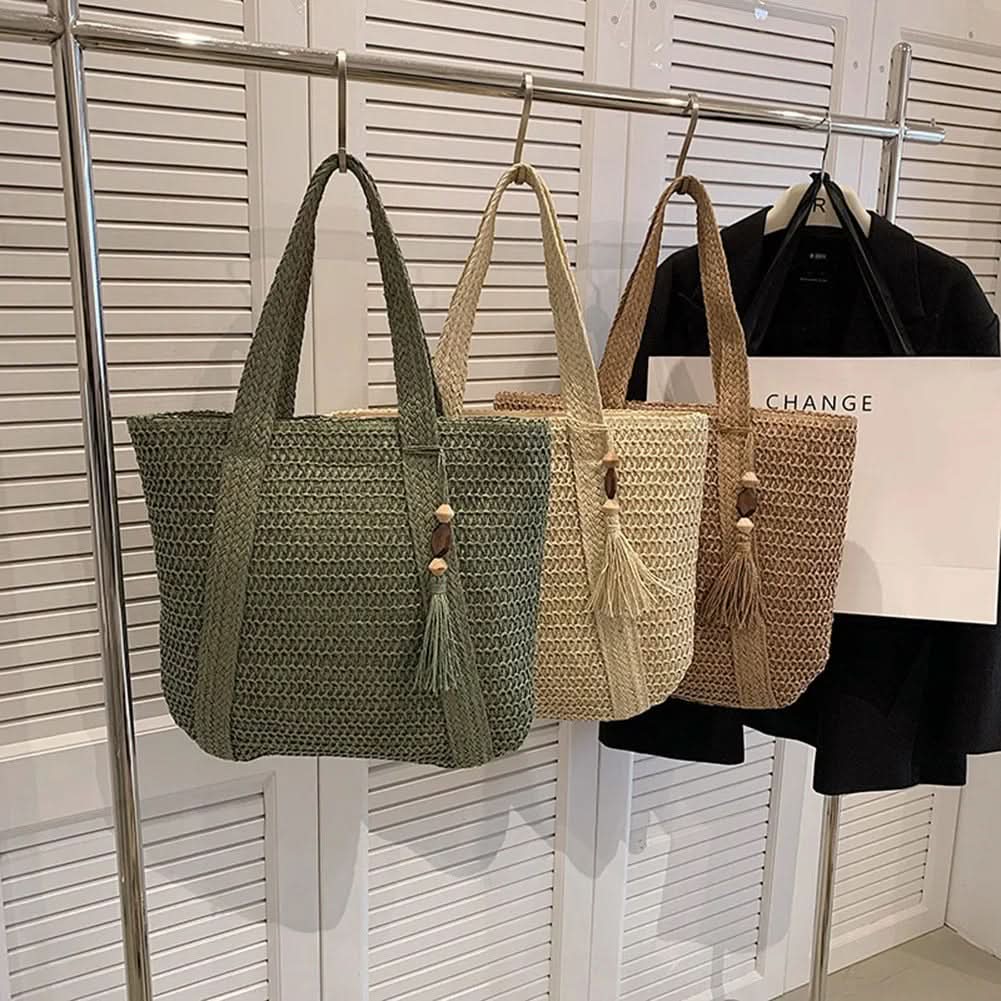 Geflochtene Raffia-Schultertas für Damen, sommerliche Boho-Handtasche, Shopper und Strandtasche, Beige, Braun, Grün, Natur | Sansoti