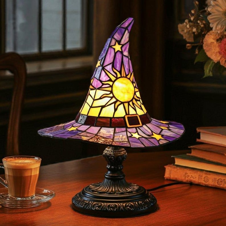 Dekorative Hexenhut-Lampe mit warmem LED-Licht, 35 cm, Gothic-Stimmungsbeleuchtung für Tisch und Schrank, Halloween-Dekoration | Sansoti