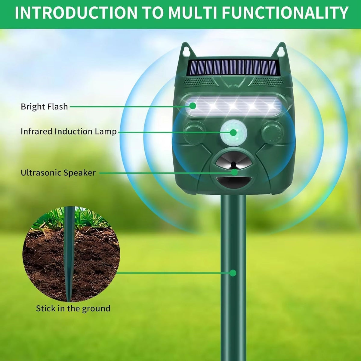 Répulsif solaire pour animaux à ultrasons pour jardin, terrasse et allée, portée de 110m², étanche IP65 | Sansoti