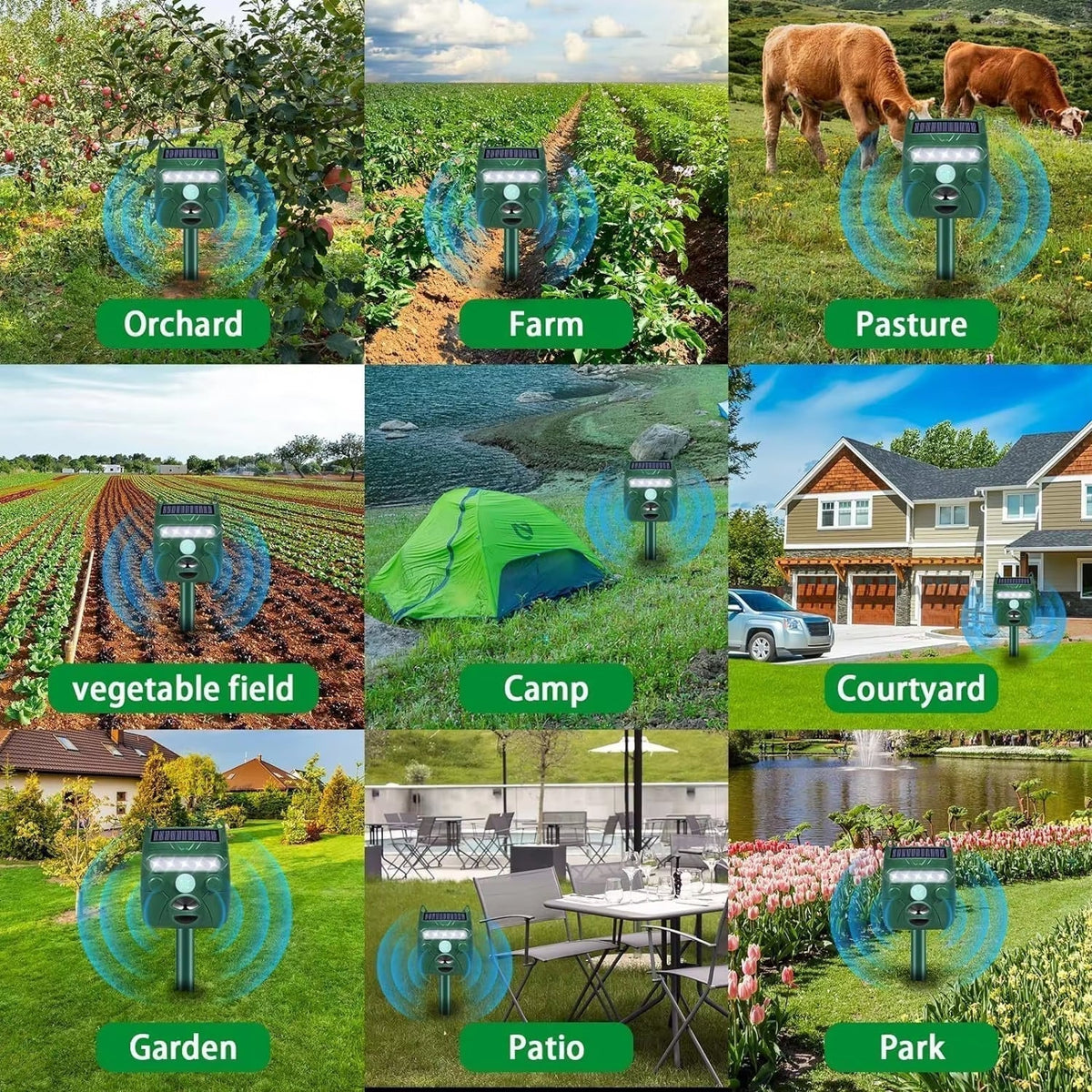 Répulsif solaire pour animaux à ultrasons pour jardin, terrasse et allée, portée de 110m², étanche IP65 | Sansoti