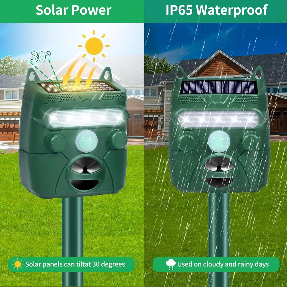 Répulsif solaire pour animaux à ultrasons pour jardin, terrasse et allée, portée de 110m², étanche IP65 | Sansoti