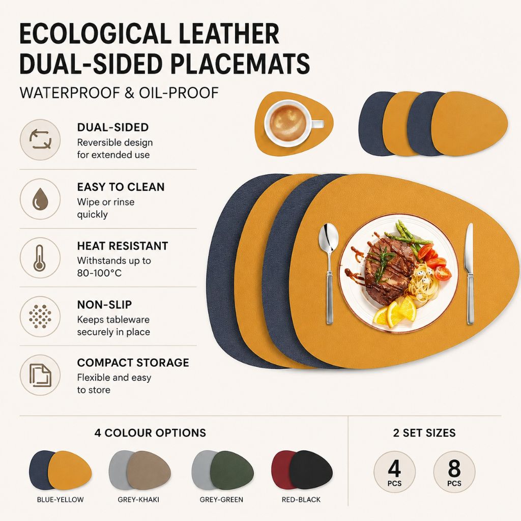 Dubbelzijdige Placemats Kunstleer Waterafstotend Antislip Set 4 of 8 Stuks Tafelbescherming Eettafel | Sansoti
