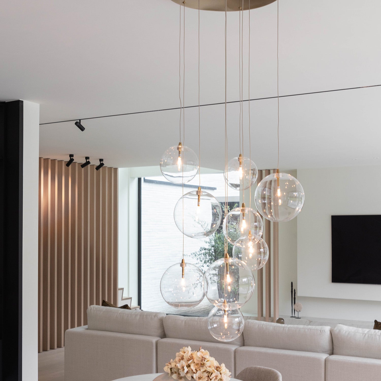 Cluster Hanglamp 9 Glazen Bollen Antiek Messing Verstelbaar 170cm Woonkamer | Sansoti
