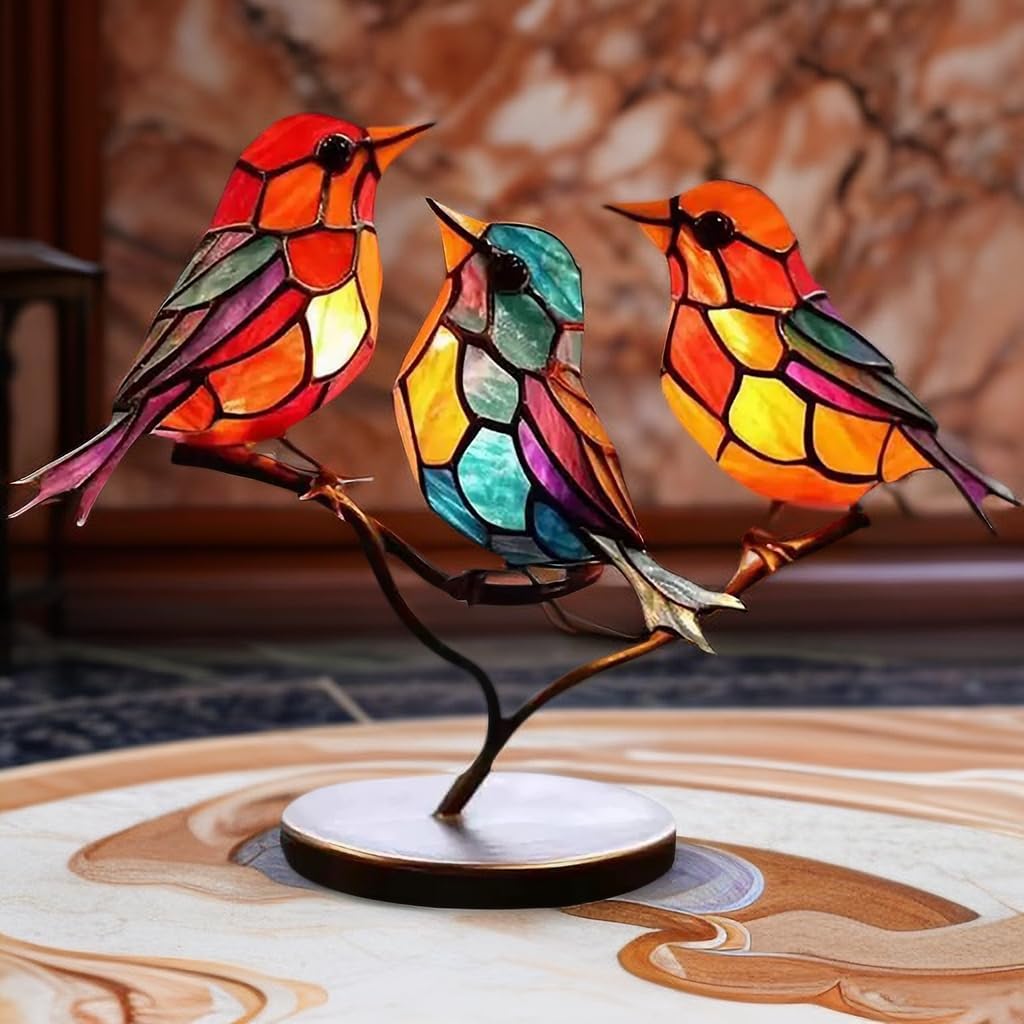 Sculpture d’oiseaux en verre avec branches colorées, décoration pour table et meuble, inspiration nature, ambiance chaleureuse pour le salon | Sansoti