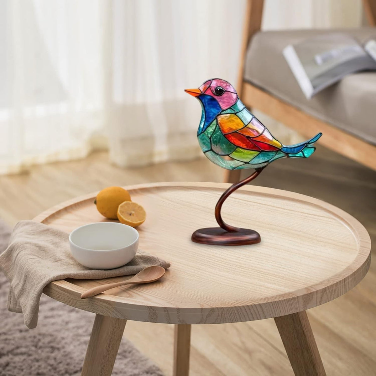Sculpture d’oiseaux en verre avec branches colorées, décoration pour table et meuble, inspiration nature, ambiance chaleureuse pour le salon | Sansoti