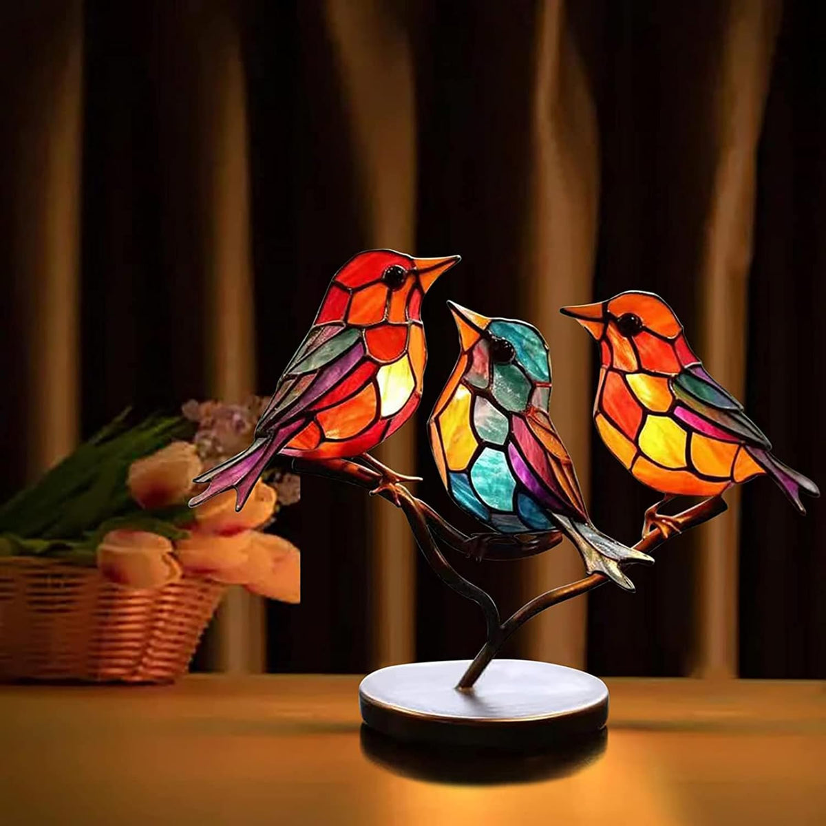 Sculpture d’oiseaux en verre avec branches colorées, décoration pour table et meuble, inspiration nature, ambiance chaleureuse pour le salon | Sansoti