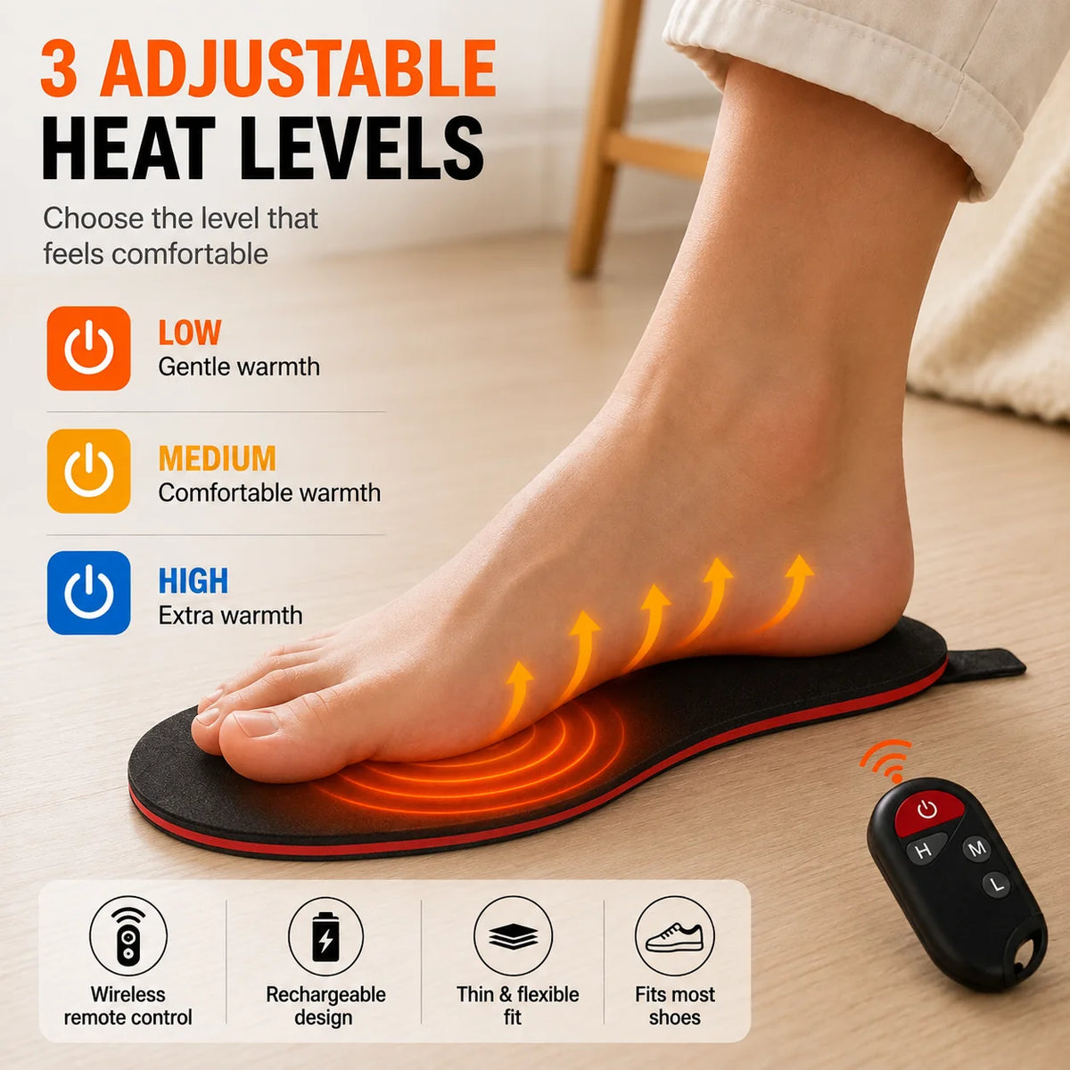 Rechargeable Heated Insoles with Wireless Remote Control for Warm Feet in Winter Shoes Comfort | Sansoti