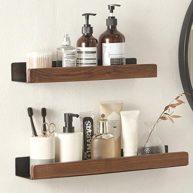 Étagère murale de salle de bain en bois massif – sans perçage, design naturel | Restfield