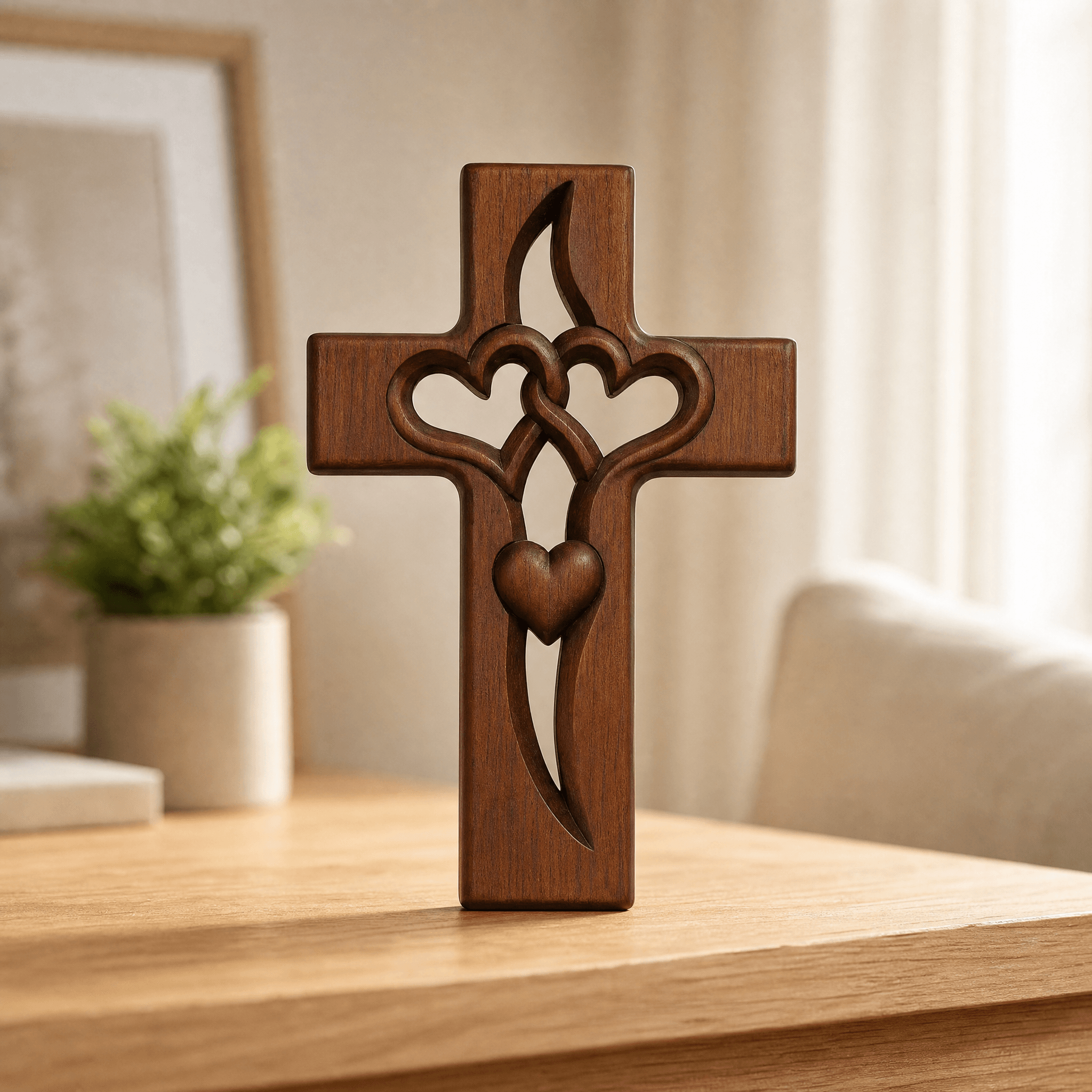 Houten Wandkruis met Gevlochten Harten — Decoratieve Wandversiering voor Geloofsmomenten | Sansoti