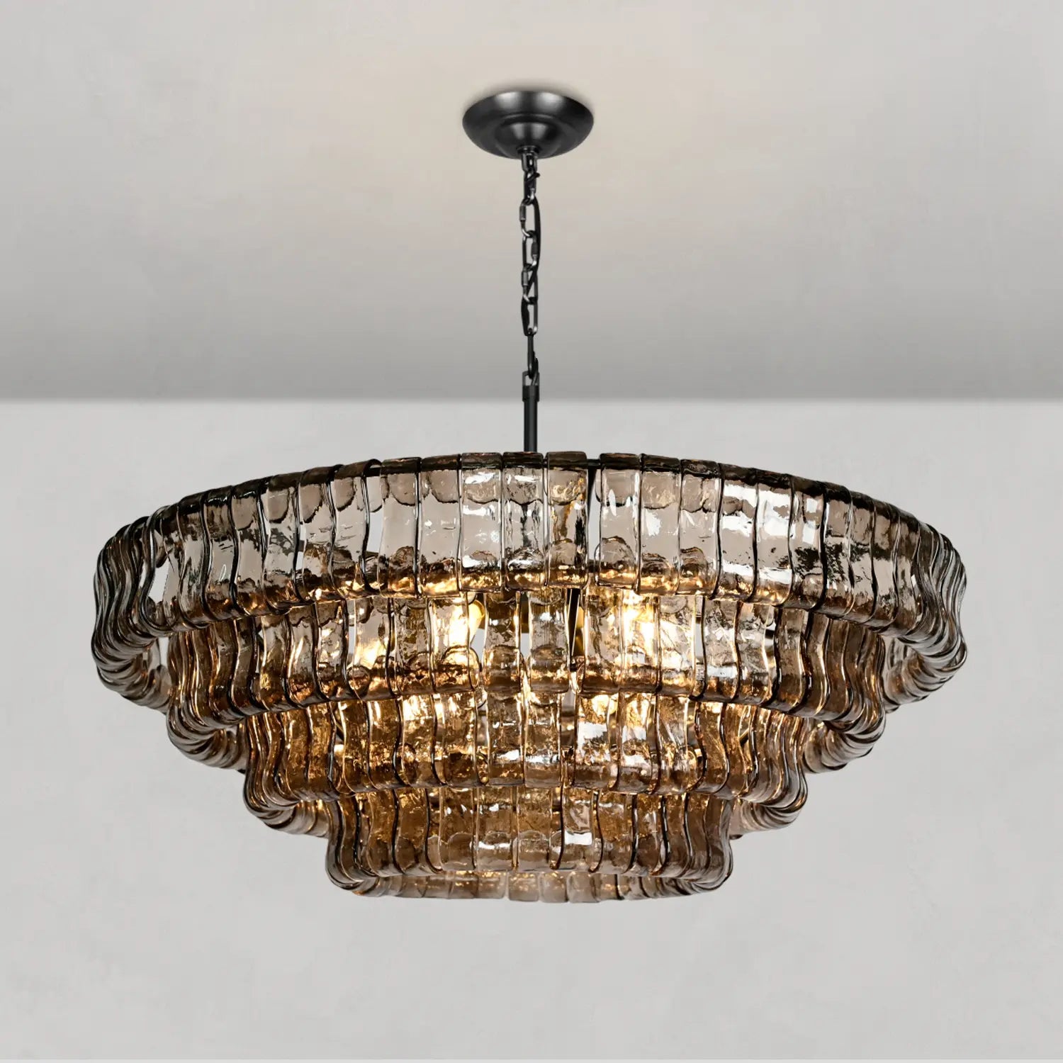 Lustre rond en verre texturé avec structure métallique multicouche À intensité variable et réglable 60-152cm pour salon | Sansoti