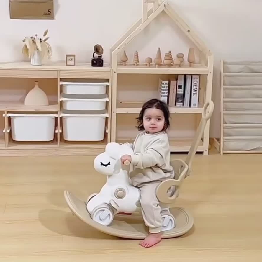 2-in-1 baby schommelpaard loopfiets kunststof roze kinderen peuter met duwstang balansspeelgoed binnen speelgoed | Sansoti