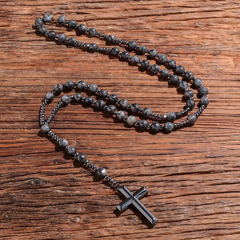 Natuursteen Rozenkrans Ketting met Kruis Hanger voor Mannen Zwart Blauw Groen Grijs | Sansoti