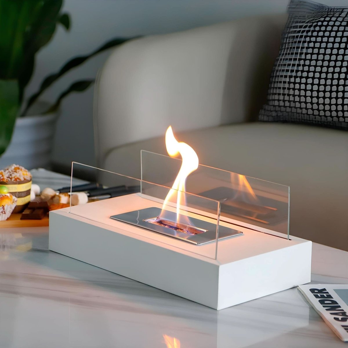 Bioethanol Tafelkachel Draagbaar Gehard Glas & Staal Design voor Binnen & Buiten Rookvrij Sfeerverlichting | Sansoti