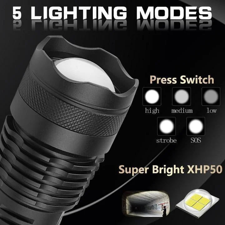 Ładowalna latarka LED 90000 lumenów, teleskopowa, USB, aluminiowa, wodoodporna, outdoorowa, na kemping, polowanie i do poszukiwań | Sansoti