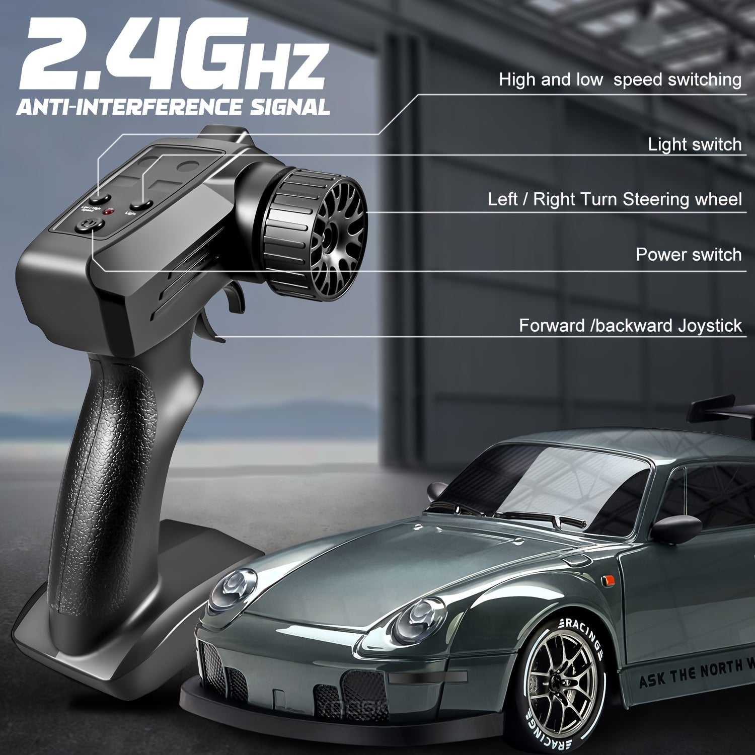 RC drift auto 1:24 4WD grijs met verlichte wielen afstandsbediening extra banden driftauto speelgoed auto usb oplaadbaar | Sansoti