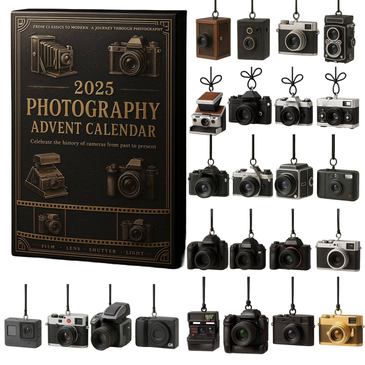 Adventskalender mit 24 Fotografie-Miniaturen, Kameras, Sammlerset im Vintage- und modernen Stil, Geschenk und Wohnzimmerdekoration | Sansoti