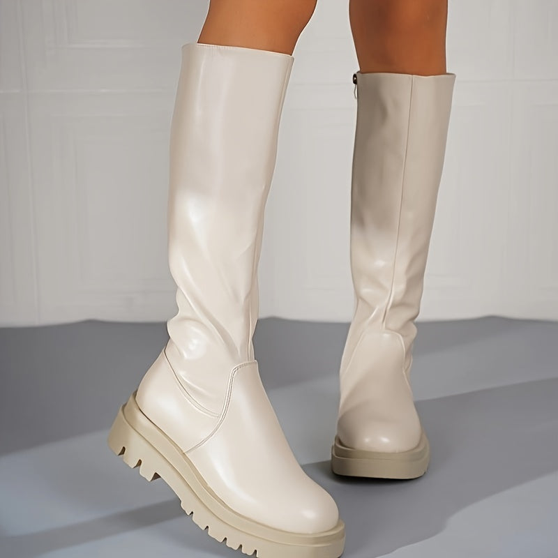 Women's Knee-High Boots Mid Heel Beige Zipper Design Soft Lined Winter Footwear Elegant Women's Boots | Sansoti