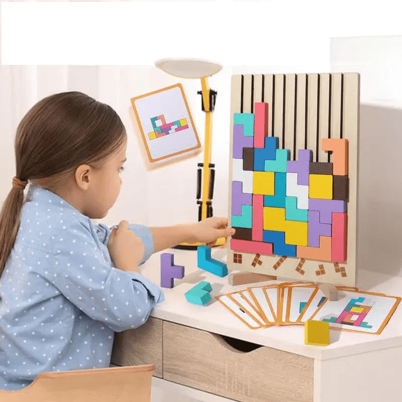 Houten 3D Puzzelspel voor Kinderen – Creatief Tetris Stapelspel met Geometrische Blokken – Ruimtelijk Inzicht & Handcoördinatie | Sansoti