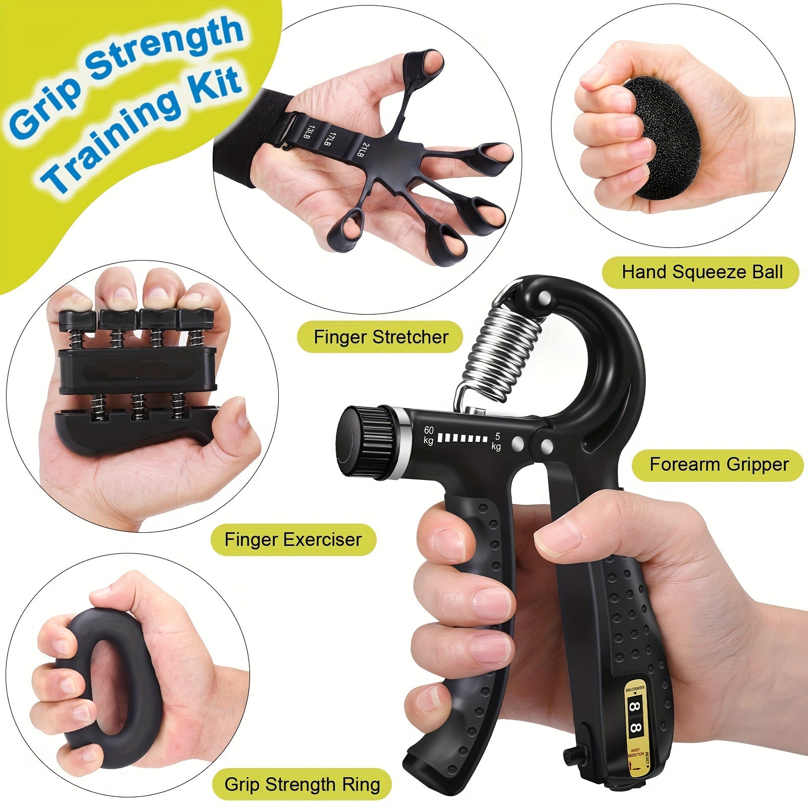 Handtrainer Set 5-in-1 voor Grip en Onderarmkracht Verstelbaar Weerstand met Vingertrainer en Krachtrubberbal | Sansoti