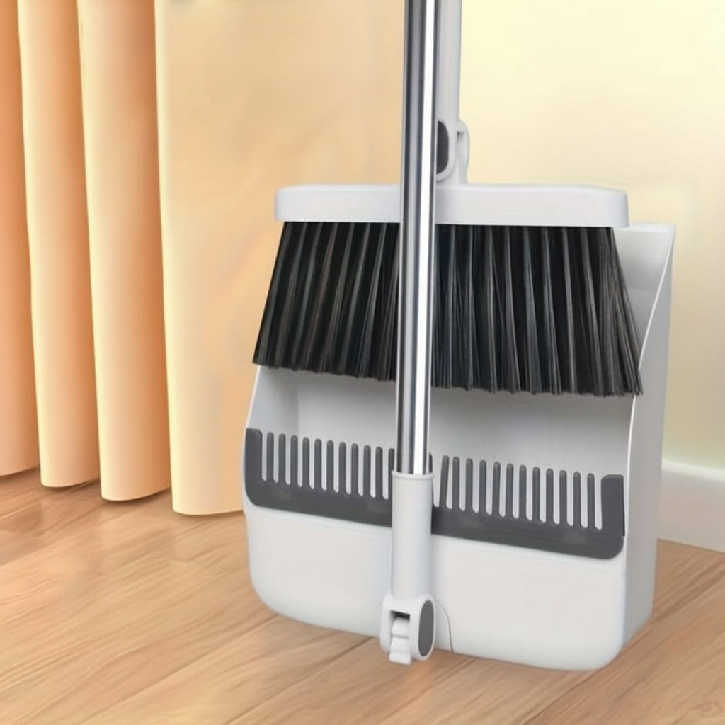 Besen mit Kehrblech-Set, langer Stiel, 124 cm, ergonomisches Reinigungswerkzeug zur aufrechten Aufbewahrung für den Haushalt | Sansoti