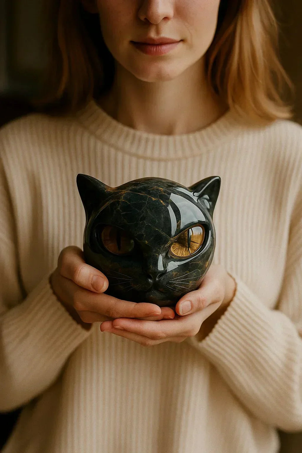 Decoratieve Kattenkop Sculptuur – Glanzende Afwerking met Hypnotiserende Ogen | Sansoti