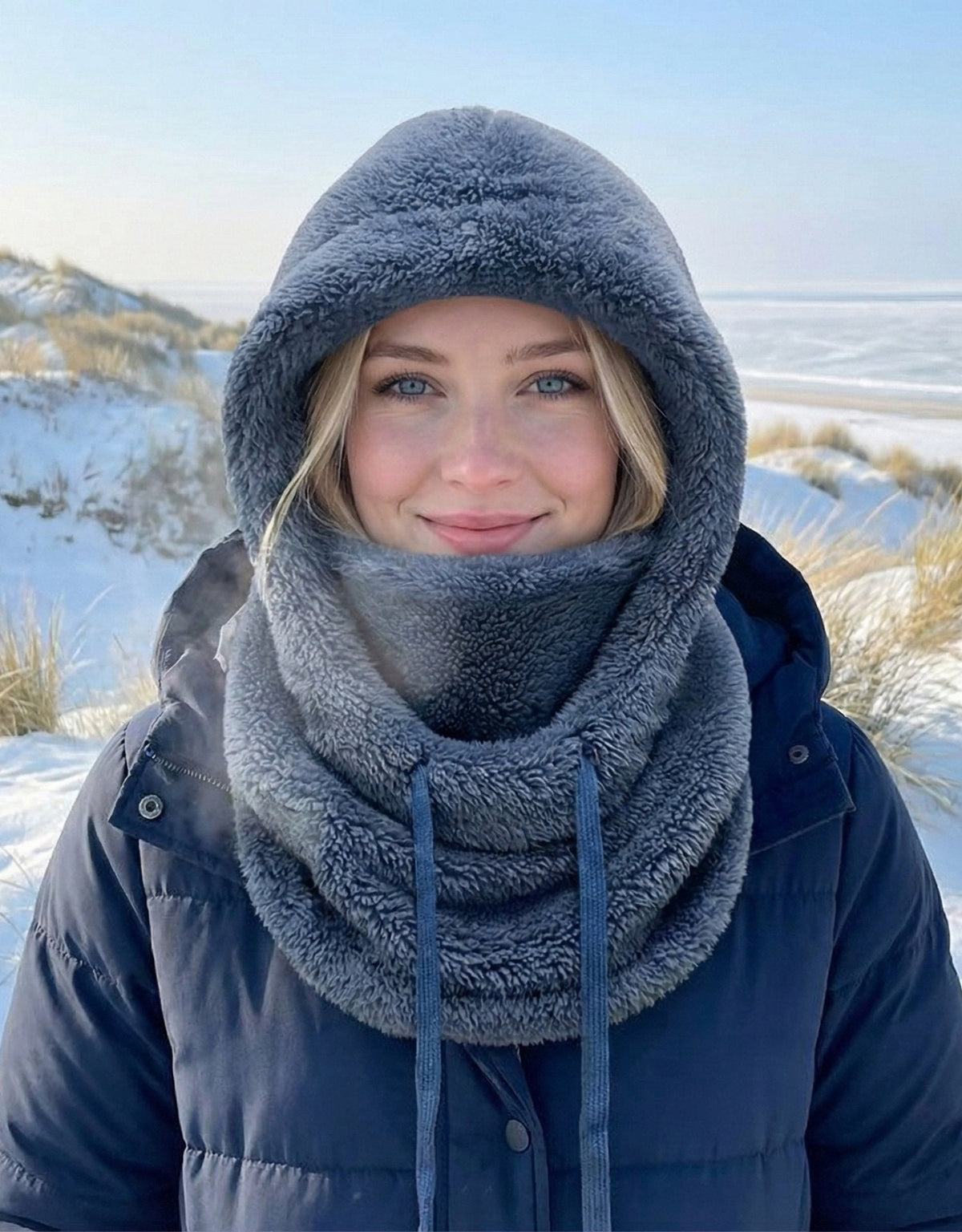 Gestrickter Kapuzenschal als Damen-Wintermütze – weich, warm und gefüttert, mit Nackenschutz für kalte Wintertage | Sansoti