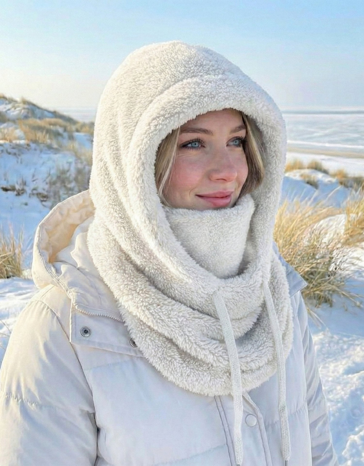 Gestrickter Kapuzenschal als Damen-Wintermütze – weich, warm und gefüttert, mit Nackenschutz für kalte Wintertage | Sansoti