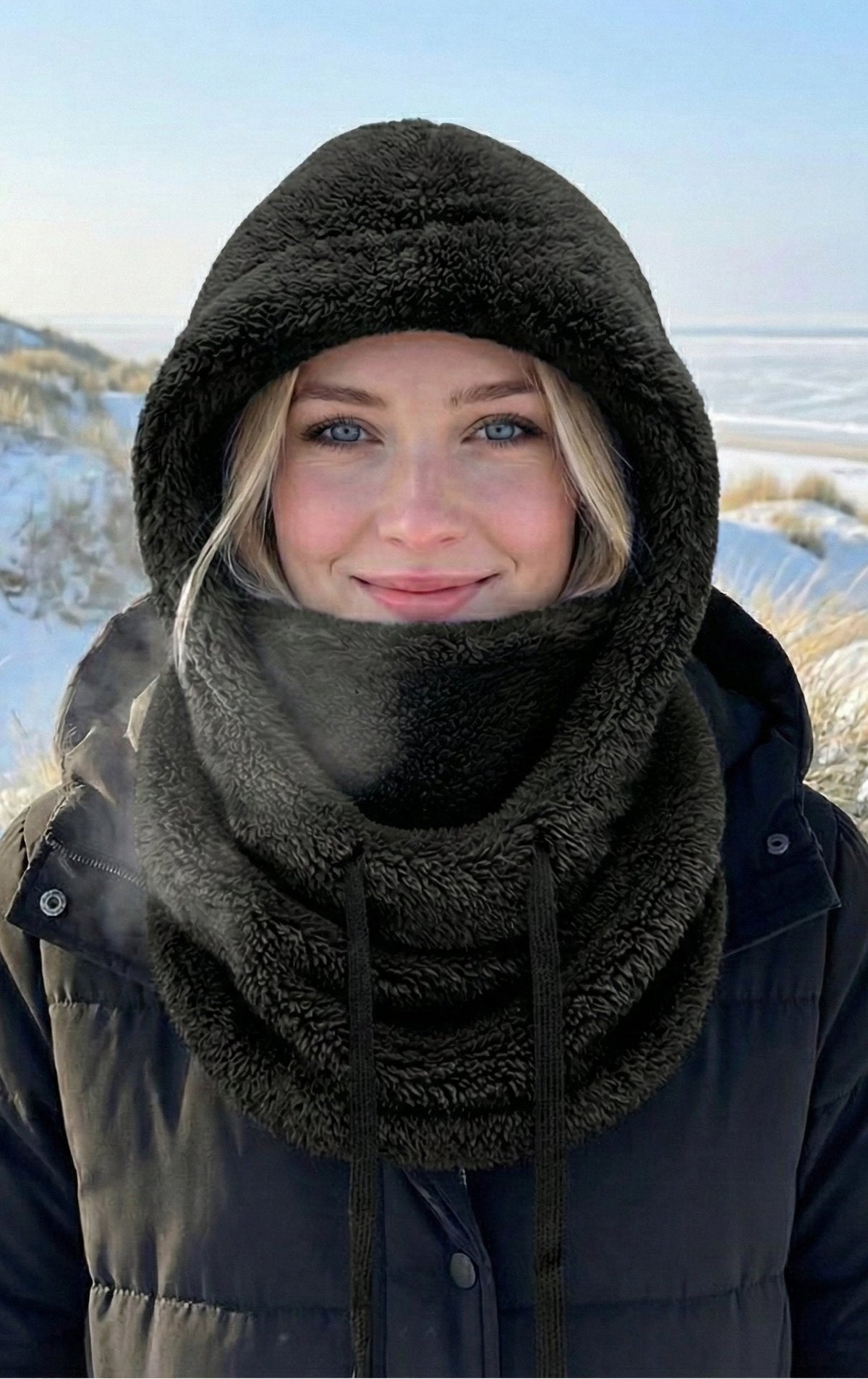 Gestrickter Kapuzenschal als Damen-Wintermütze – weich, warm und gefüttert, mit Nackenschutz für kalte Wintertage | Sansoti