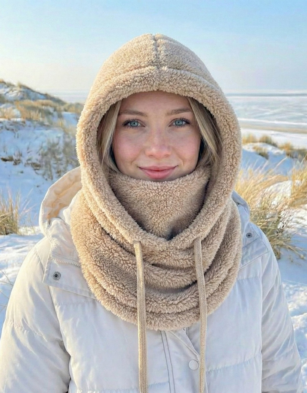 Gestrickter Kapuzenschal als Damen-Wintermütze – weich, warm und gefüttert, mit Nackenschutz für kalte Wintertage | Sansoti