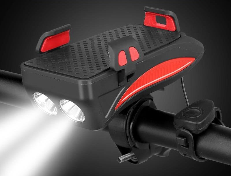 Support Guidon Vélo 4-en-1 Support Téléphone Powerbank Éclairage LED Klaxon 4000mAh Tous Smartphones | Restfield