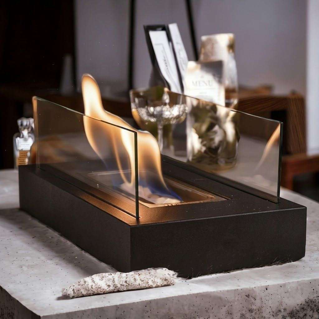 Tisch-Feuerstelle Rechteckig Gehärtetes Glas Bioethanol Stimmungswärme Innen Außen Tragbares Modernes Design | Sansoti
