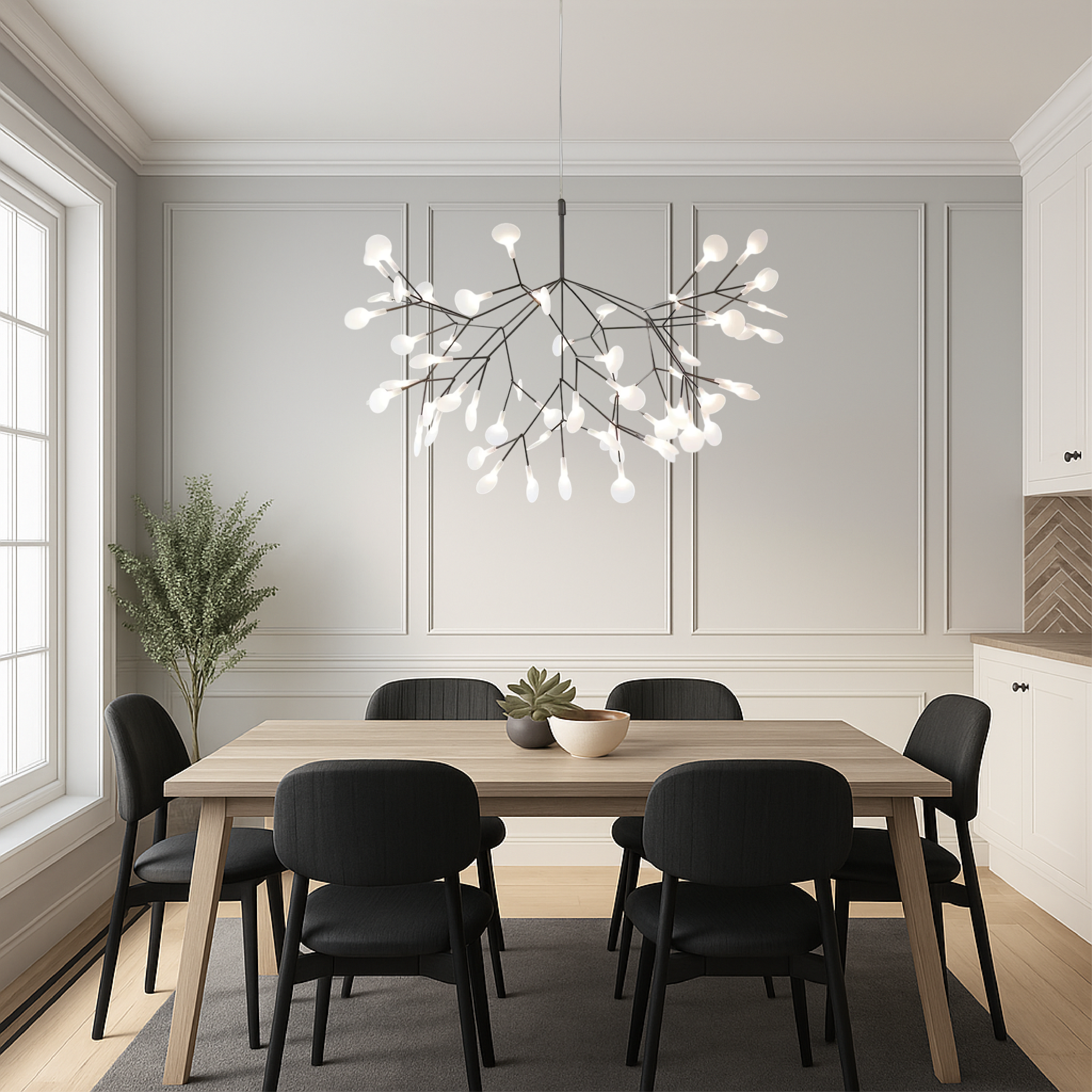 Suspension en acrylique ramifiée avec petites sphères lumineuses flottantes, blanc chaud, neutre ou froid, design moderne scandinave | Sansoti
