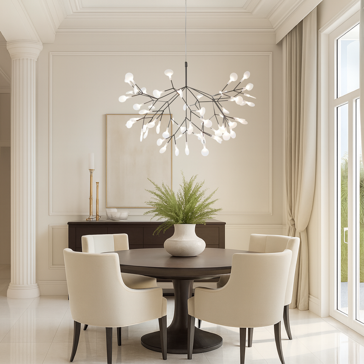 Suspension en acrylique ramifiée avec petites sphères lumineuses flottantes, blanc chaud, neutre ou froid, design moderne scandinave | Sansoti