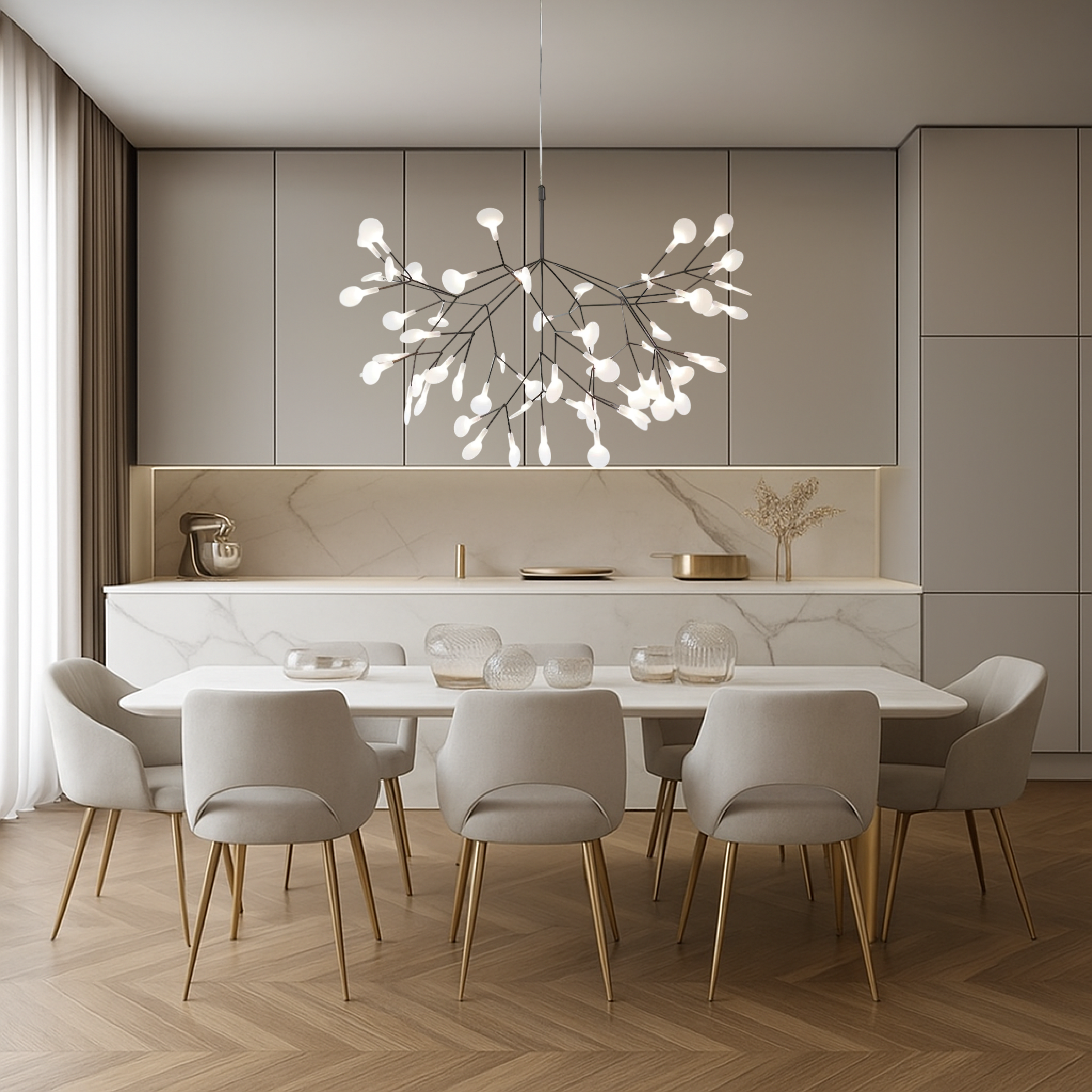 Suspension en acrylique ramifiée avec petites sphères lumineuses flottantes, blanc chaud, neutre ou froid, design moderne scandinave | Sansoti