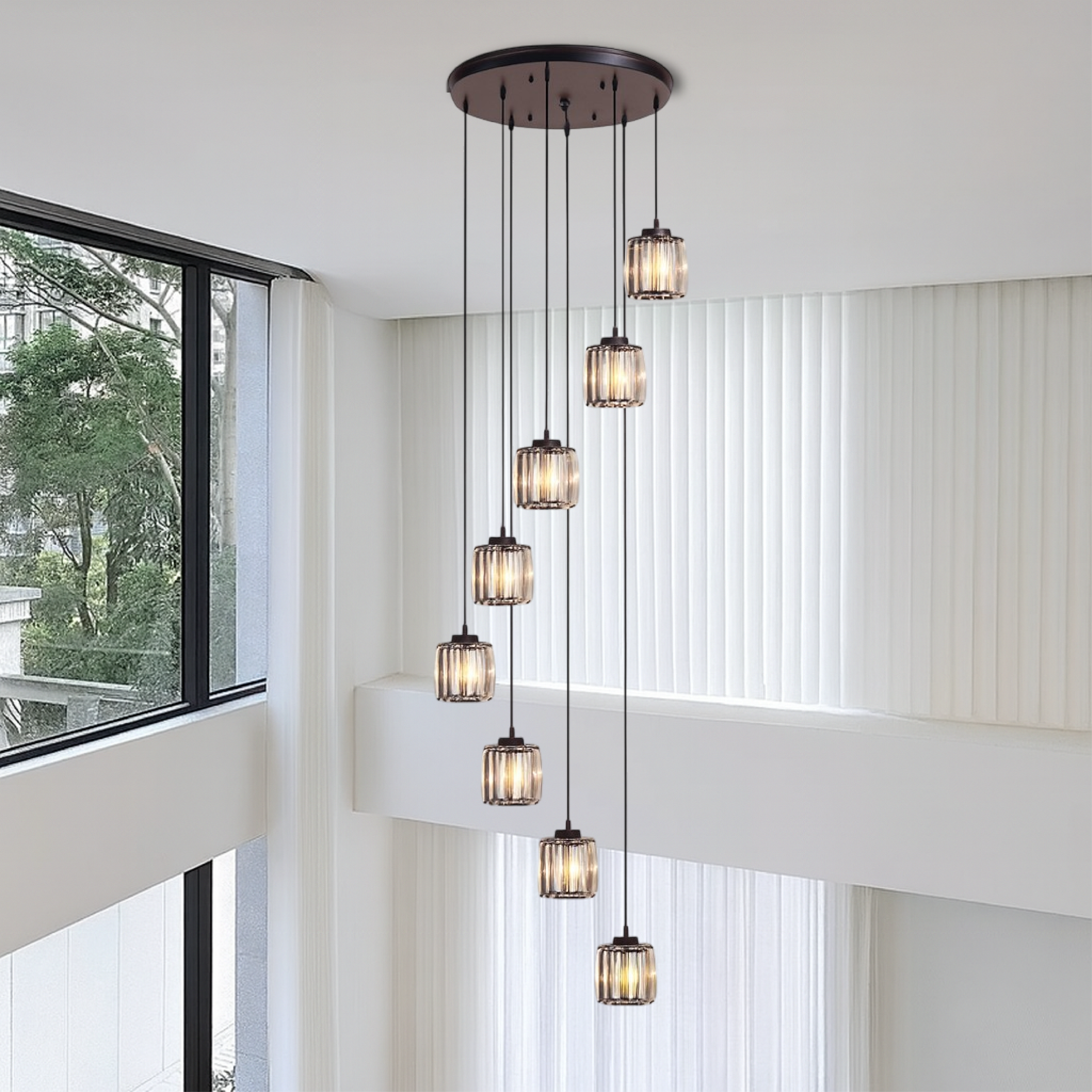 Ida Kristall-Treppenkronleuchter Glas Metall Schwarz Treppenbeleuchtung Foyer Hängeleuchte Modern Kristalllampe Hohe Decke | Restfield