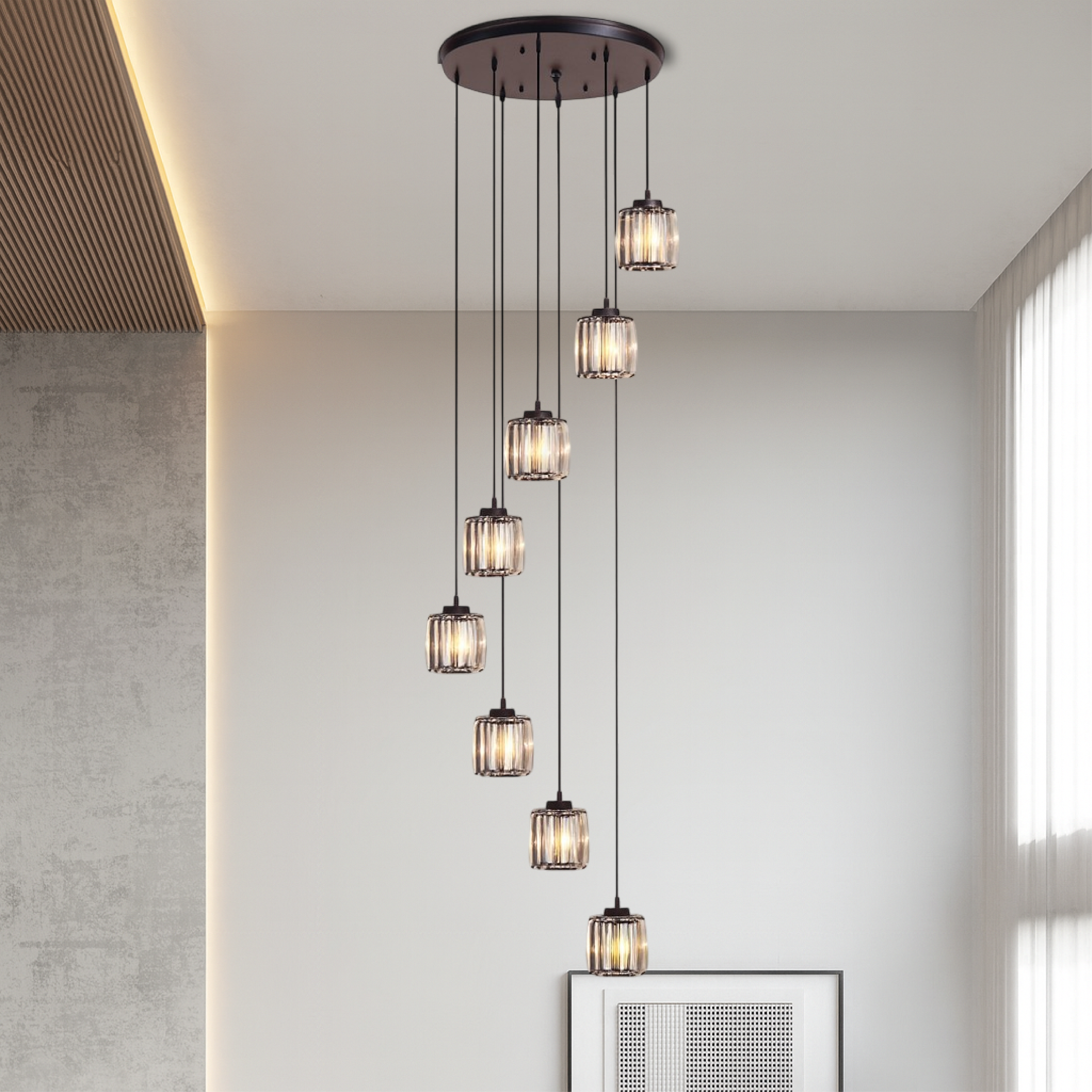 Ida Kristall-Treppenkronleuchter Glas Metall Schwarz Treppenbeleuchtung Foyer Hängeleuchte Modern Kristalllampe Hohe Decke | Restfield