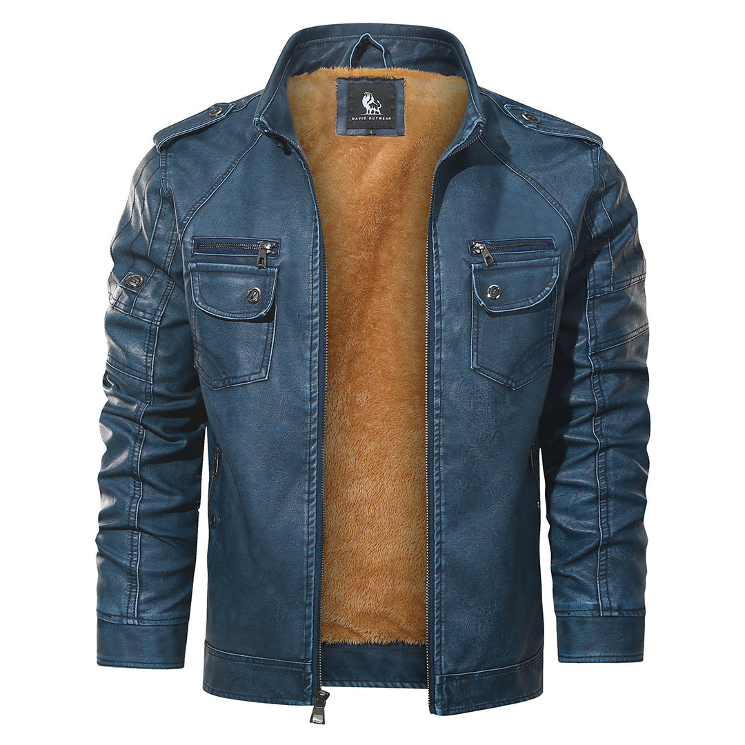 Fleece Bikerjack Heren Dames Blauw PU Leder Waterafstotend Slijtvast Robuust Motorjas Winter Warm Comfort | Sansoti