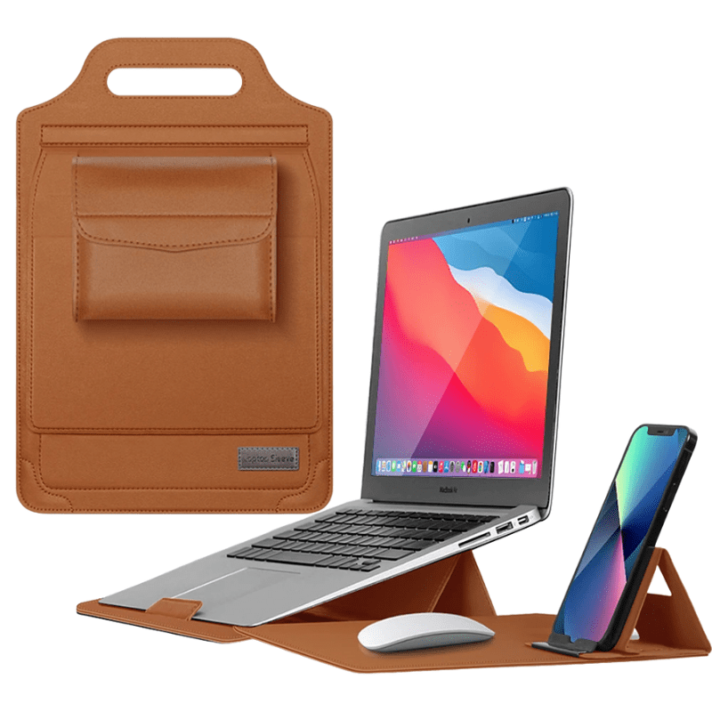 Luxe Laptop Sleeve met Verstelbare Standaard | Ergonomisch PU-Leer Werkstation voor 11-15.6 Inch | Mobiele Kantooroplossing | Sansoti