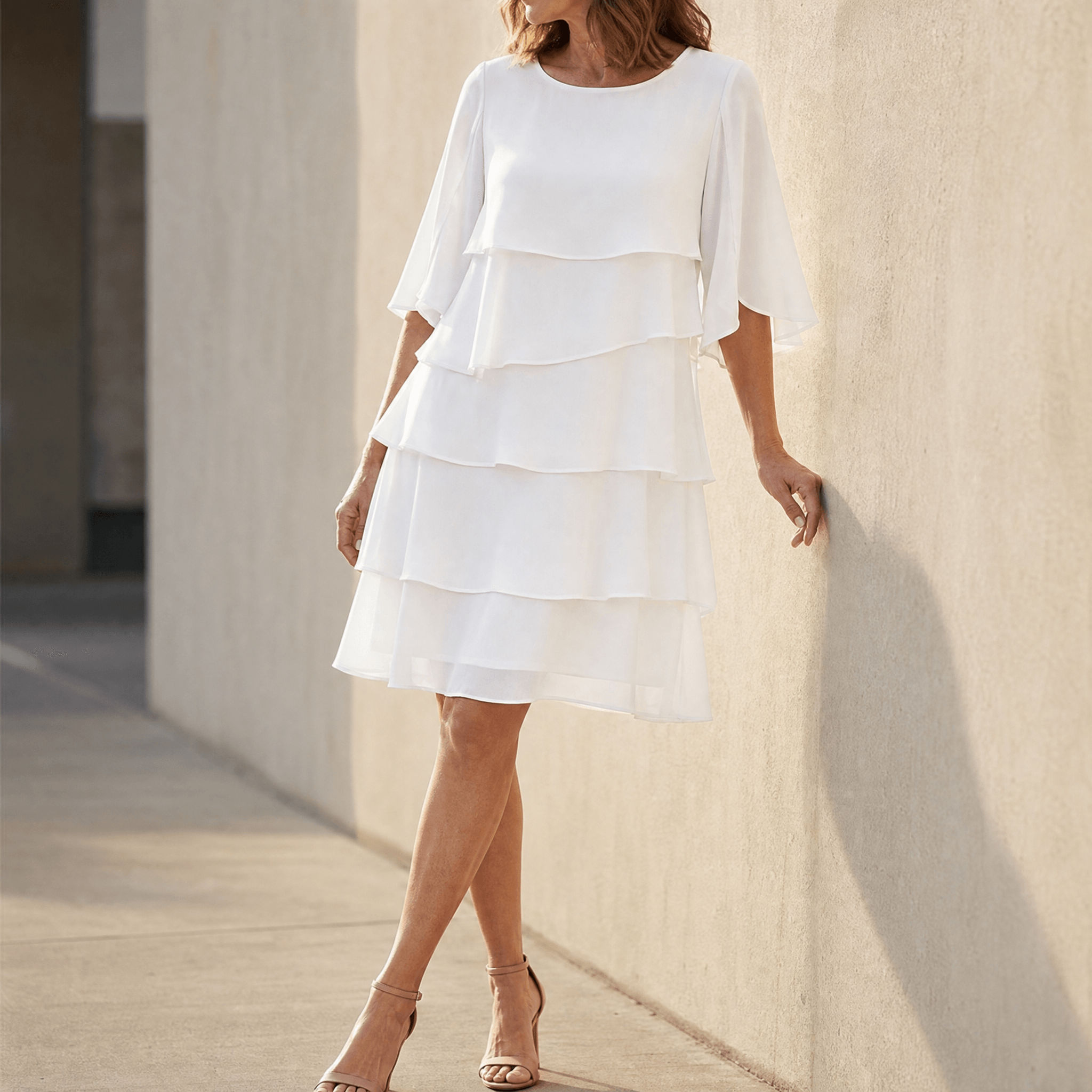 Gelaagde Ruffle Jurk voor Vrouwen – Vloeiende Chiffon met Vleugelmouwen & 4 Lagen | Sansoti