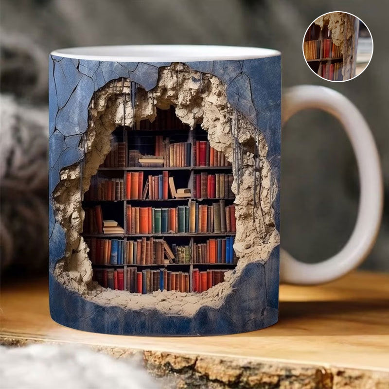 Keramische Mok met 3D-Boekenplankdesign – Gezellige Mokken voor Boekenliefhebbers | Sansoti