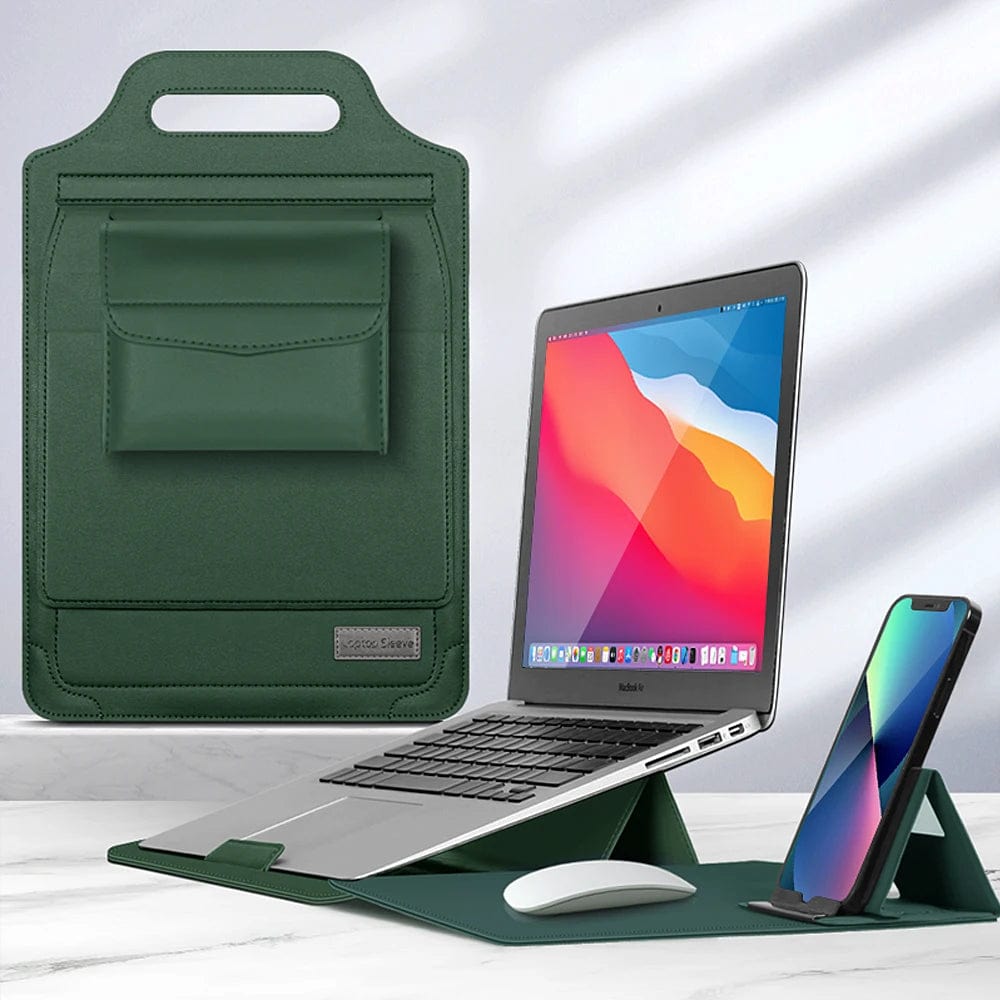 Luxe Laptop Sleeve met Verstelbare Standaard | Ergonomisch PU-Leer Werkstation voor 11-15.6 Inch | Mobiele Kantooroplossing | Sansoti