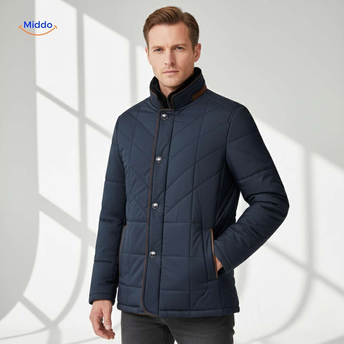 Gesteppte Herrenjacke aus Polyester mit Stehkragen und Seitentaschen - Übergangszeit, lässig, geschäftlich, stilvoll, für Frühlingswetter | Sansoti