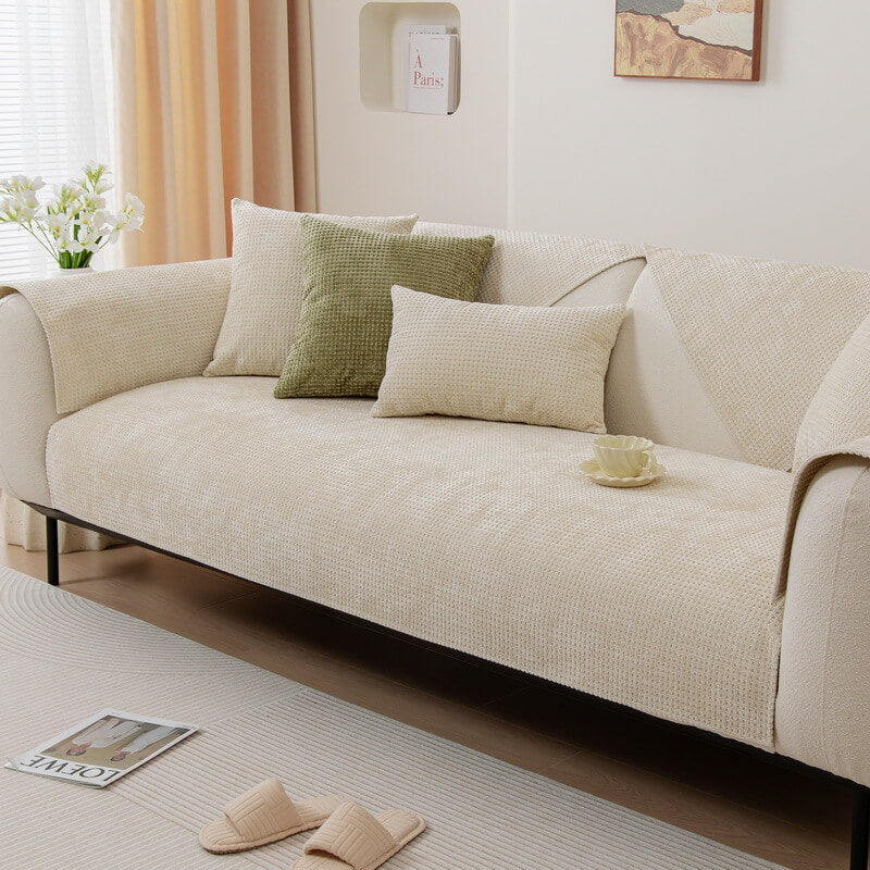 Chenille Wafelstoffen Bankhoes Antislip Bescherming Meubels Huisdieren Vlekken Groen Grijs Blauw Beige | Sansoti