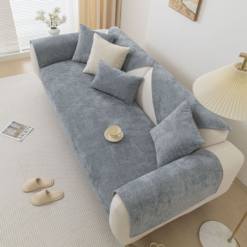 Chenille Wafelstoffen Bankhoes Antislip Bescherming Meubels Huisdieren Vlekken Groen Grijs Blauw Beige | Sansoti