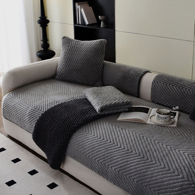 Herringbone Sofa Cover Plush Non-Slip Velour Thick Soft Sofa Protector Living Room Furniture Protection Multiple Sizes | Sansoti