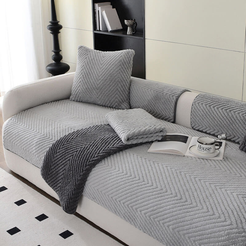 Herringbone Sofa Cover Plush Non-Slip Velour Thick Soft Sofa Protector Living Room Furniture Protection Multiple Sizes | Sansoti