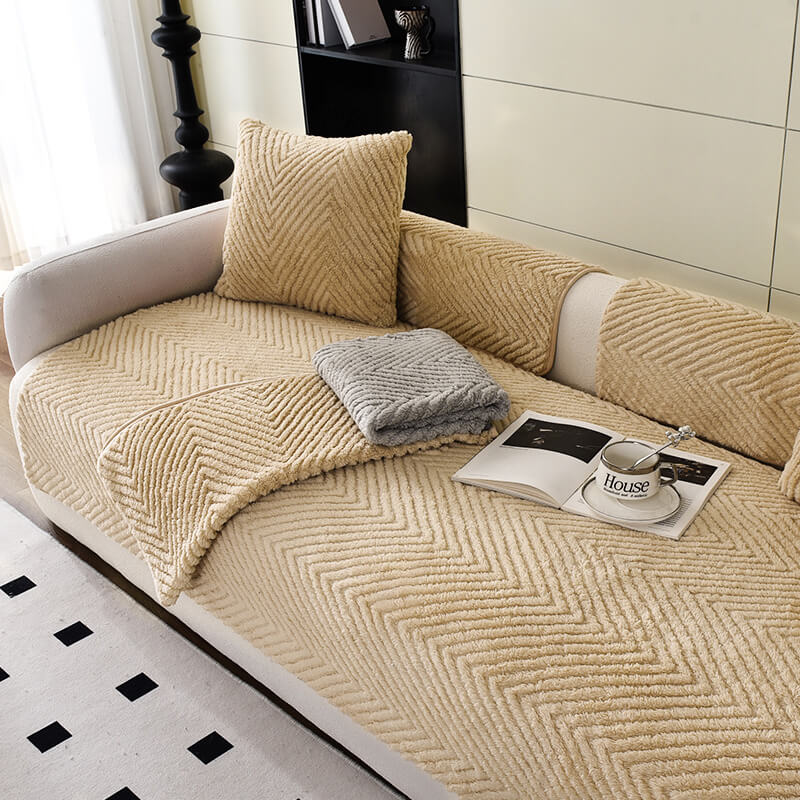 Herringbone Sofa Cover Plush Non-Slip Velour Thick Soft Sofa Protector Living Room Furniture Protection Multiple Sizes | Sansoti