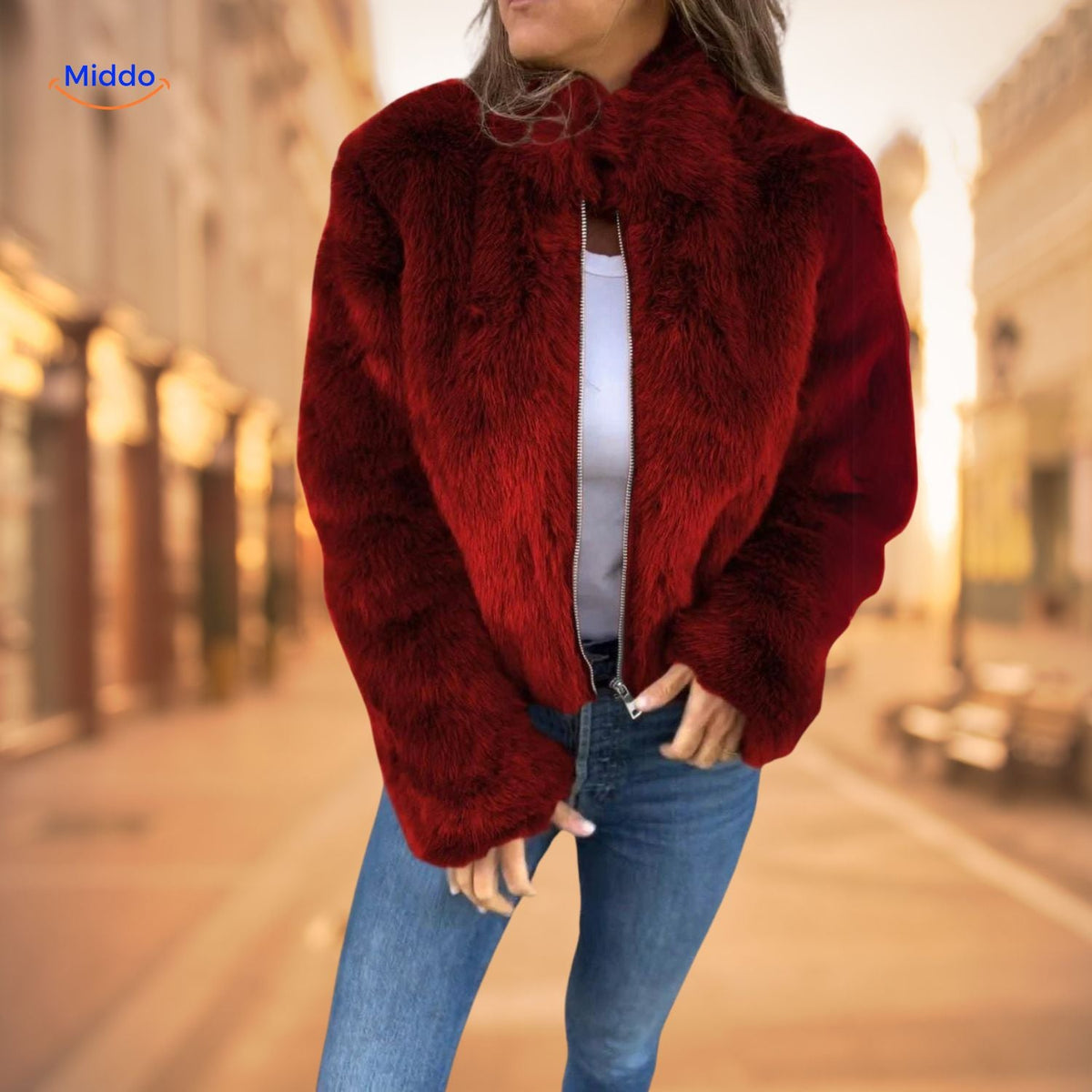 Damenjacke aus Kunstpelz mit hohem Kragen und Reißverschluss, Winterjacke, warm, elegant, leger, stilvoll und bequem | Sansoti